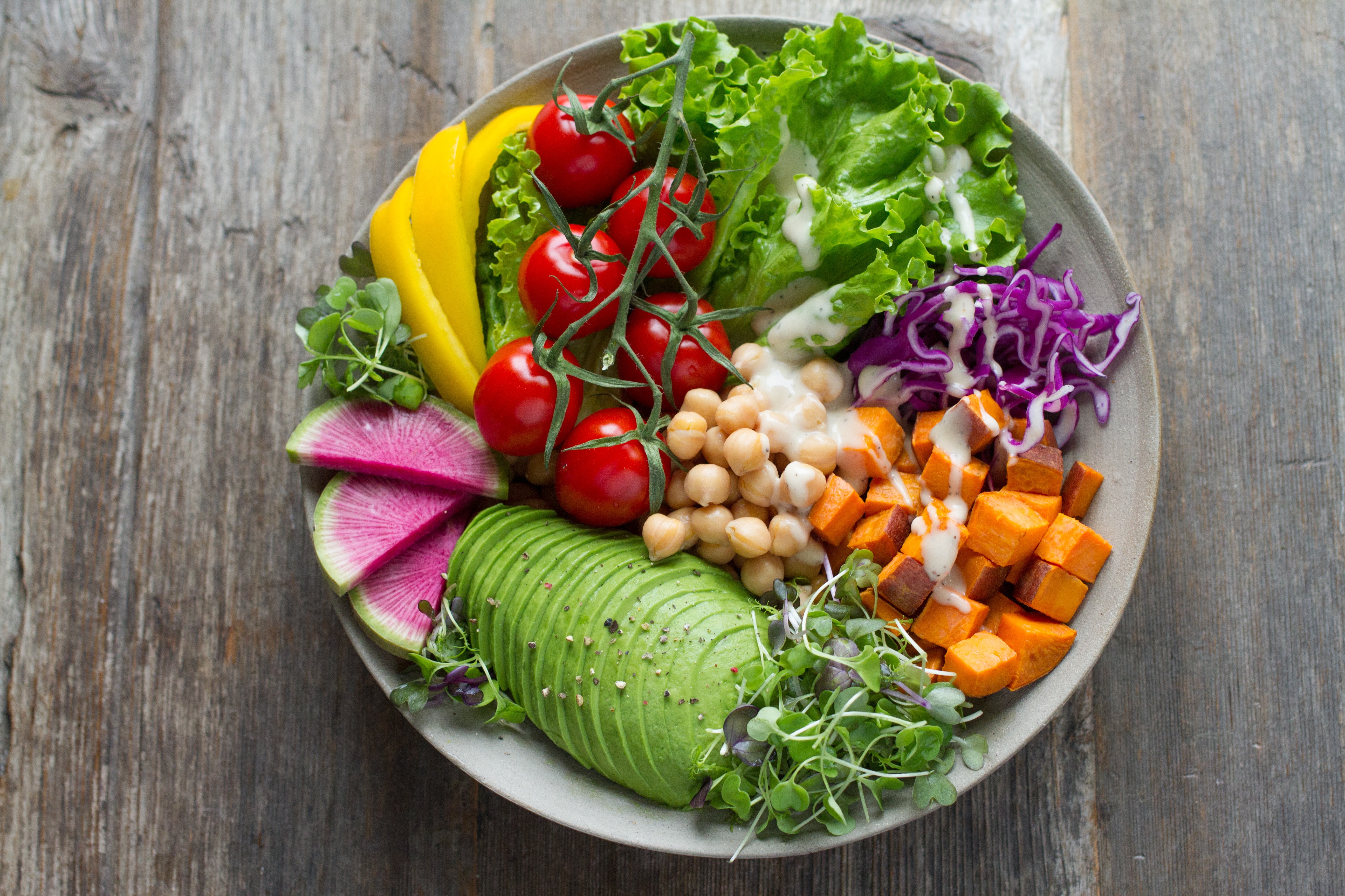 change your diet by going vegan, photo of bowl overhead containing various vegetables