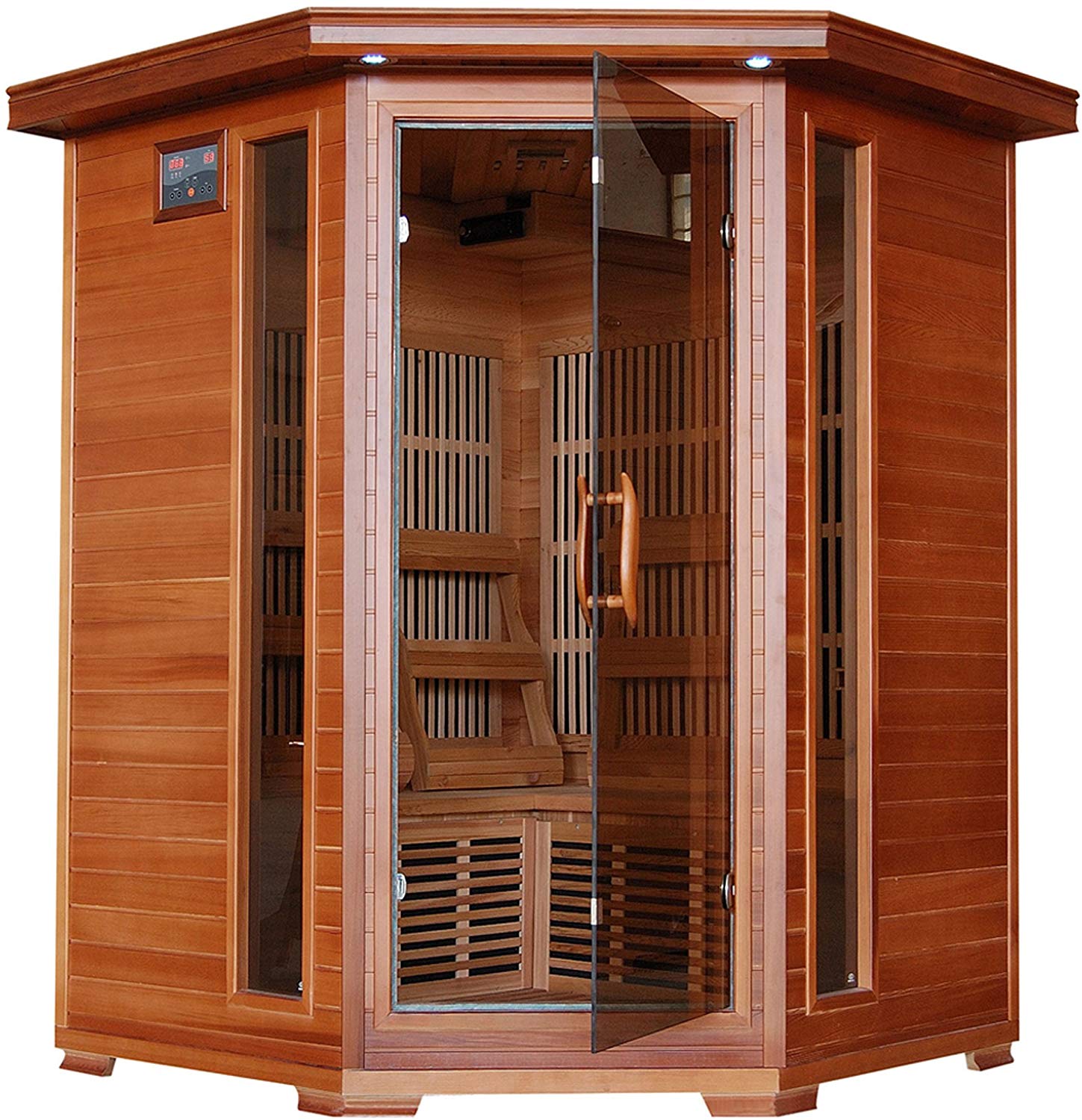 in-home infrared sauna against white background, glass door