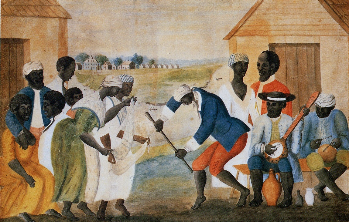 painting of african slaves dancing and playing banjo and other various instruments.