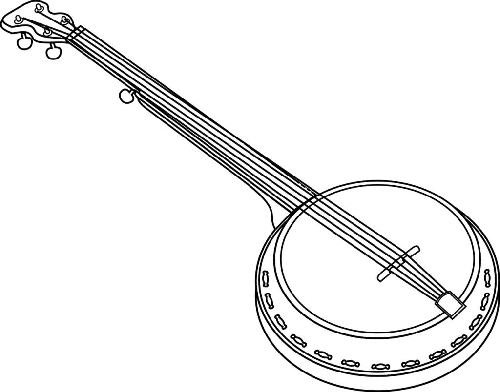 black and white line drawing of a banjo