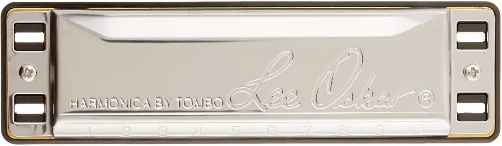 learn to play the harmonica with this Harmonica by Tombo Lee Oskar, close up view from the metalic top