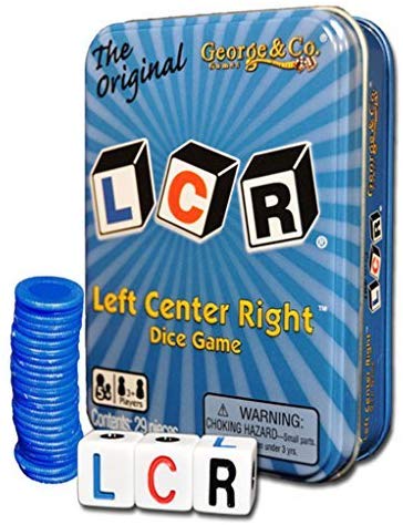 LCR Left Center Right fun family game with dice and blue playing chips on white background