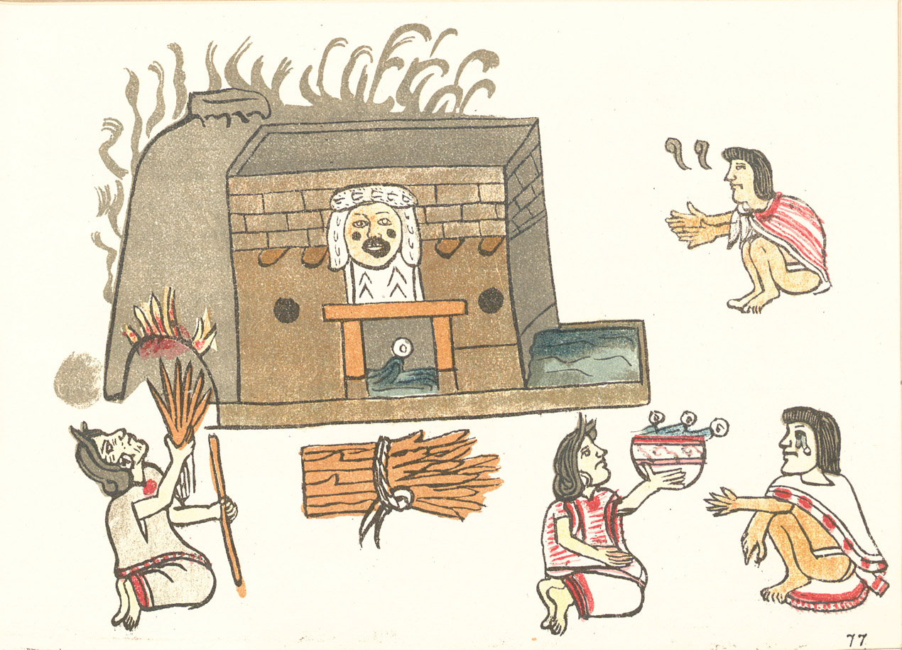 primitive drawing of ancient sauna, "tehmazcal" ceremony in mexico