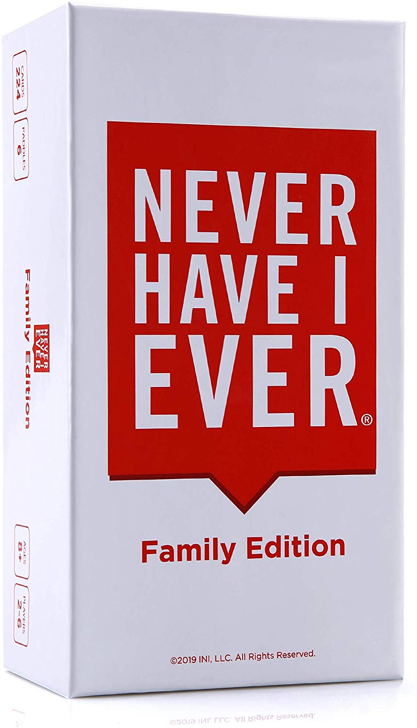 Never Have I Ever Family Edition game cards on white background, fun family game to hear stories about your family members 