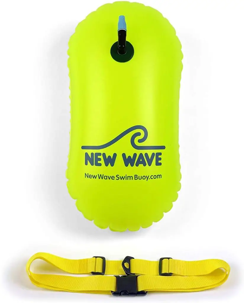 neon green open water swimming buoy with safety belt