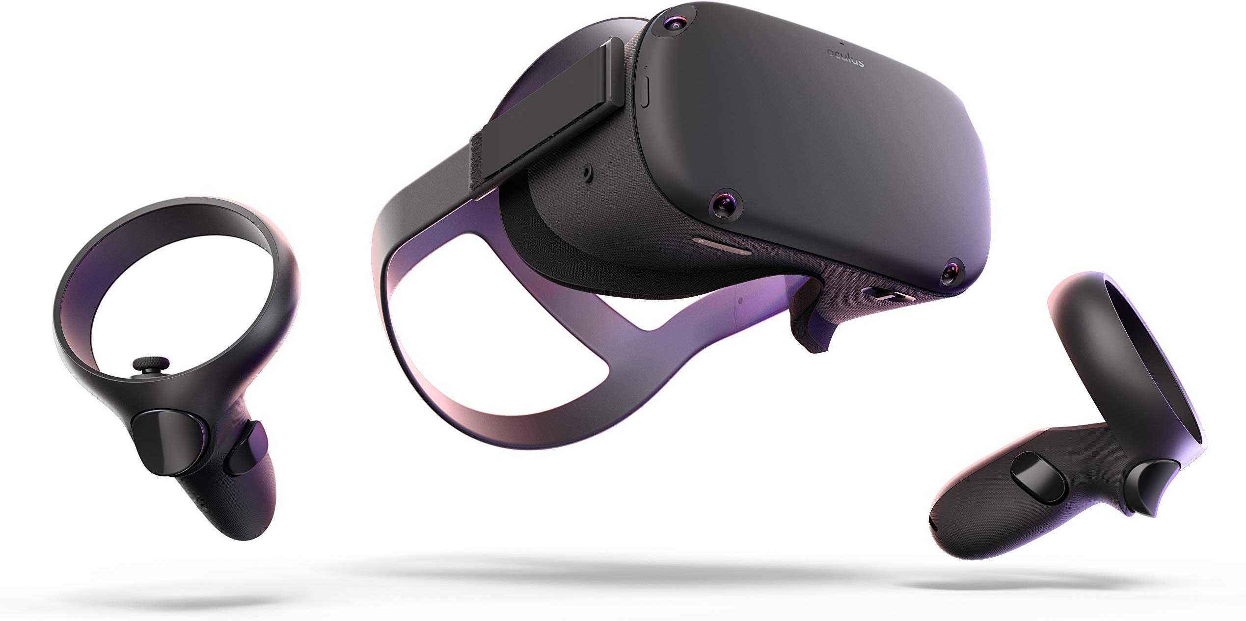 Oculus Quest Virtual Reality Headset and controllers floating against white background