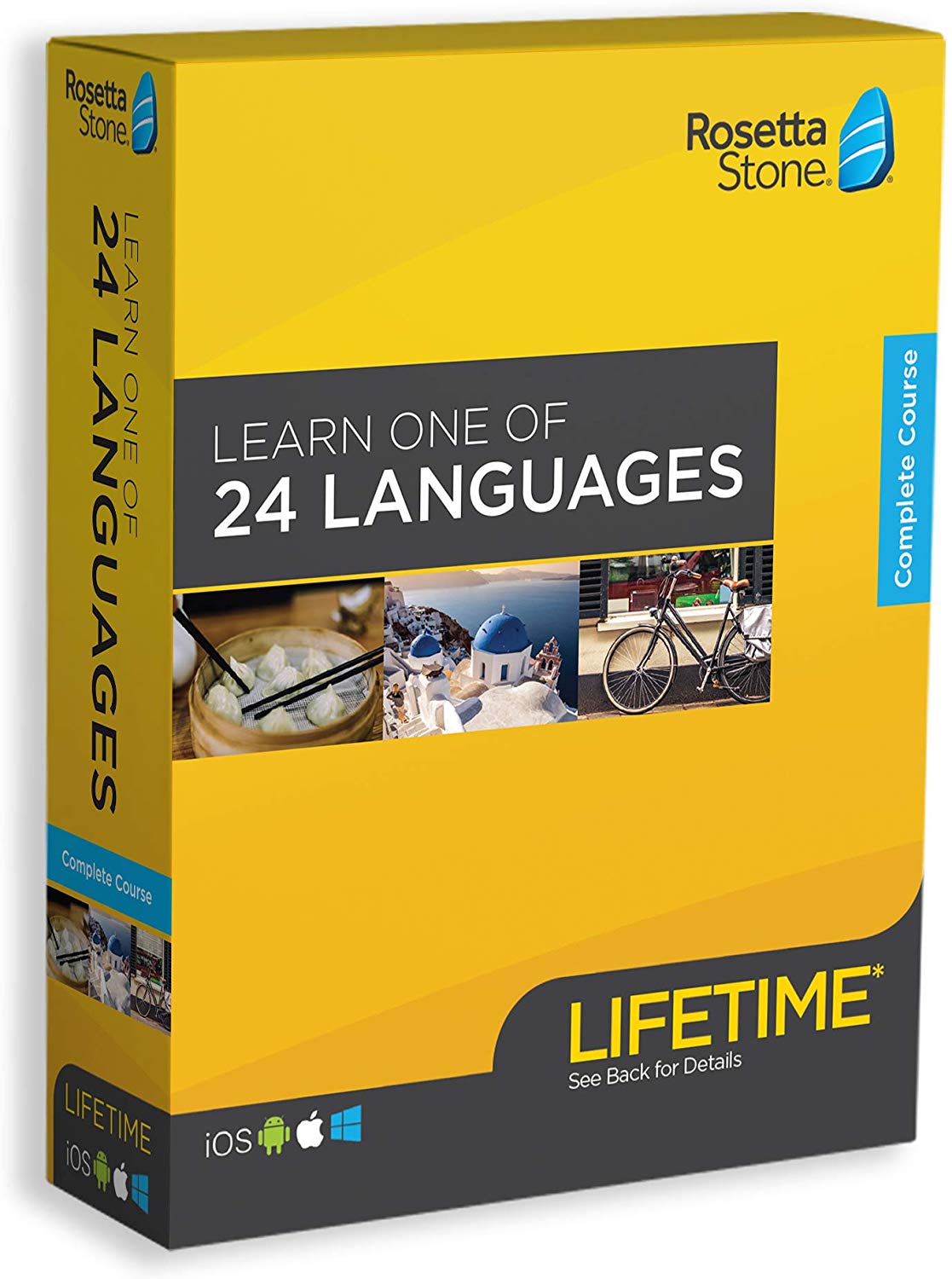 Rosetta Stone Lifetime Membership access to 24 languages, yellow box with white background