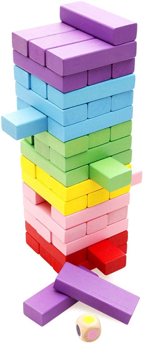 colorful jenga set purple, blue, green, yellow, pink and red on white background