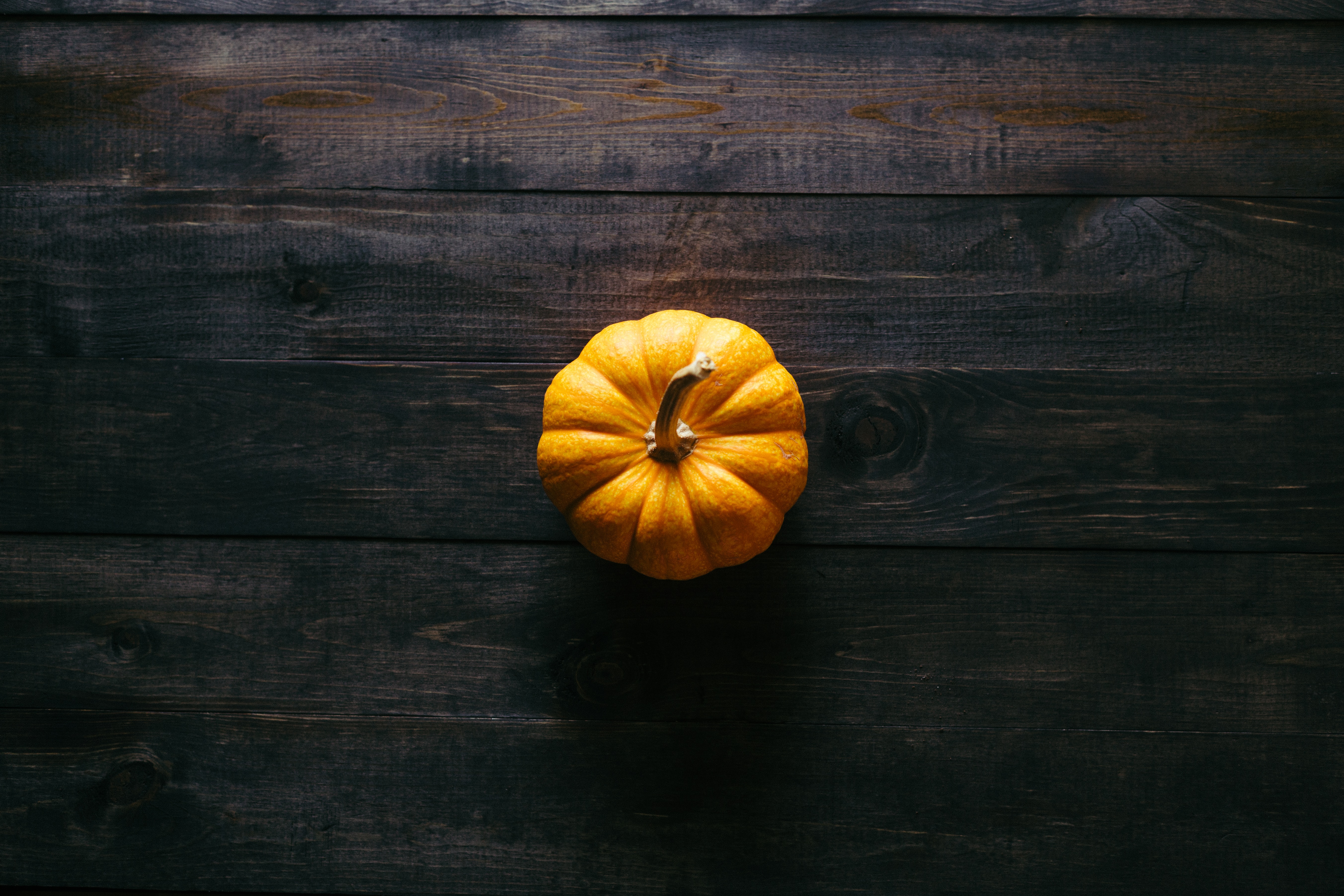 overhead view of small pumpkin centered on dark wooden table