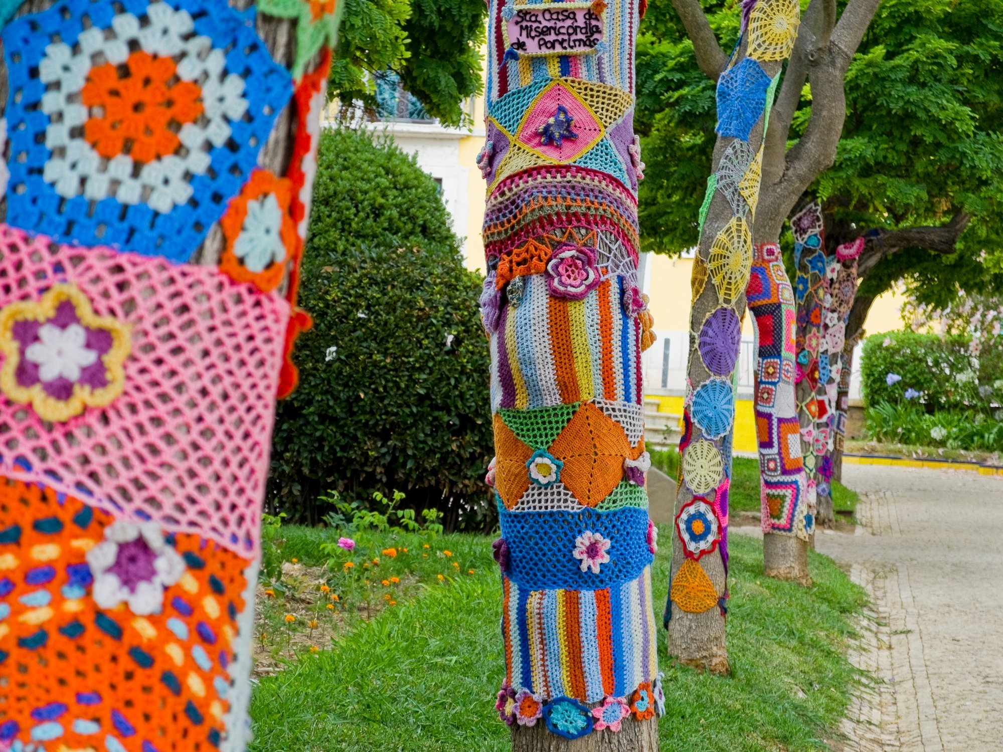 strange hobby of yarn bombin, row of trees next to a sidewalk, trees are covered in yarn decoratively knit around the trunk of the tree, 