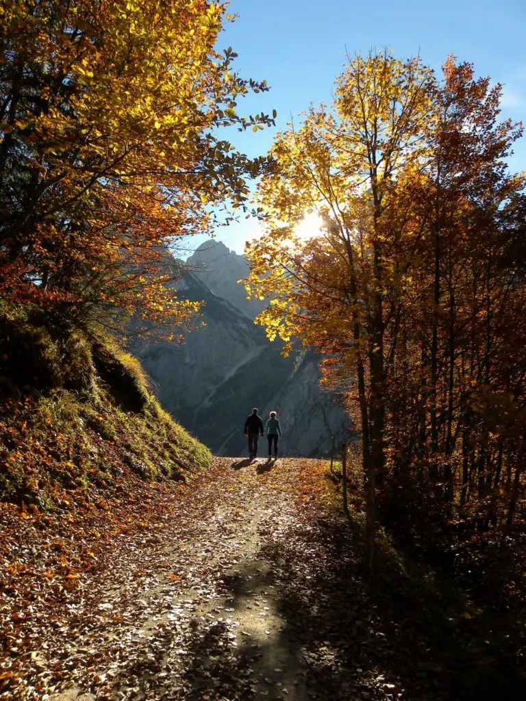 best hobbies for couples include hiking, image shows hiking path with middle aged couple at the end of the path rounding corner towards mountain