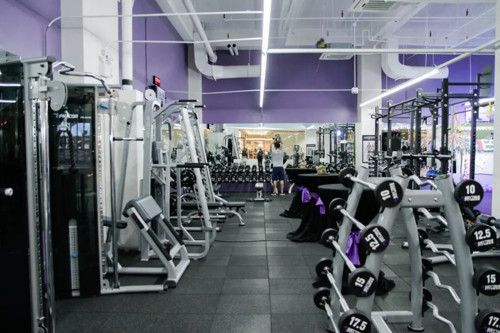 workout gym equipment, wall painted purple
