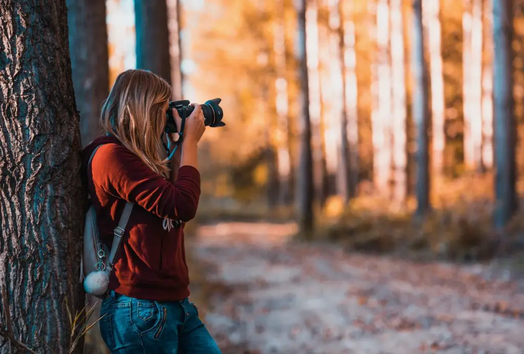 woman leading against a tree taking a photo of something in the distance, photography hobby for introverts