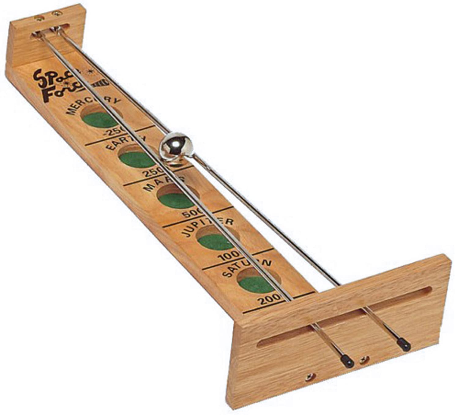 shoot the moon tabletop game; long wooden board, metal ball and metal rods