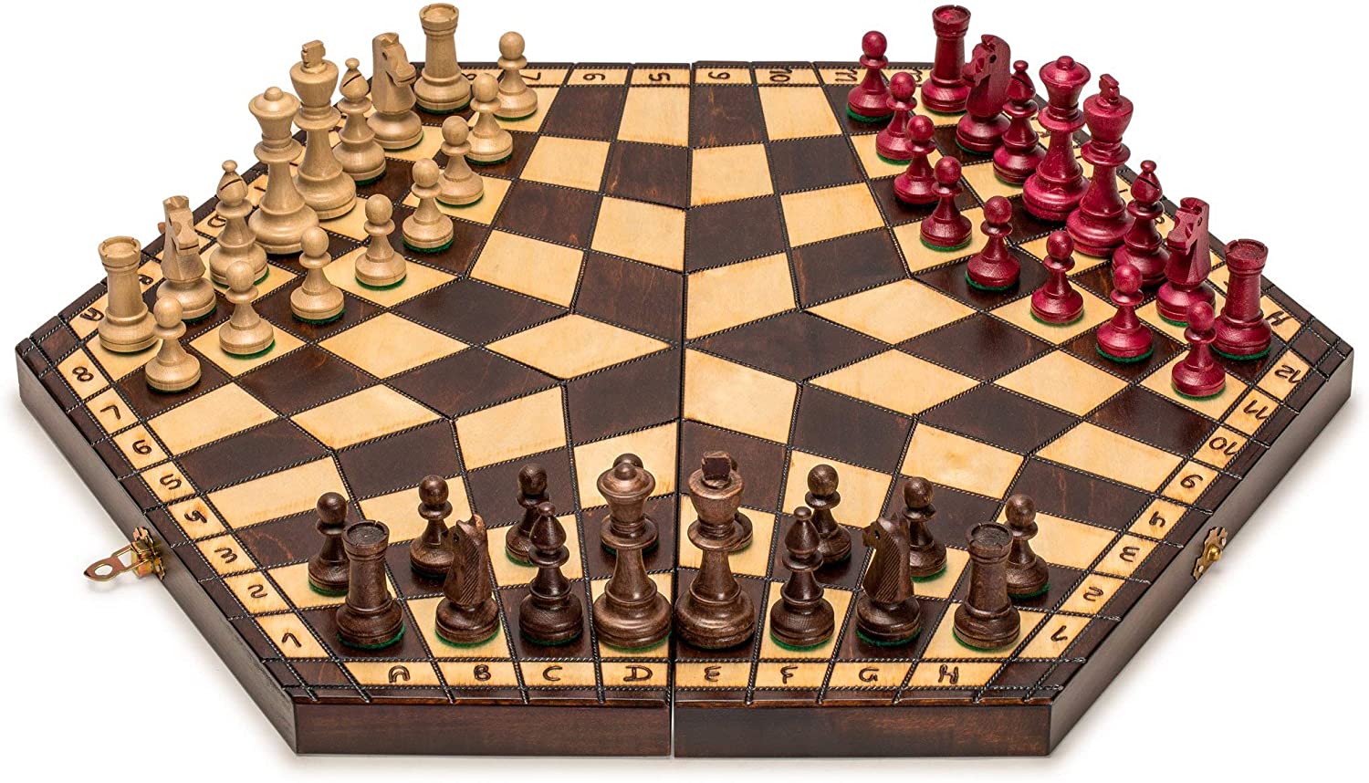 wooden three player chess tabletop game board