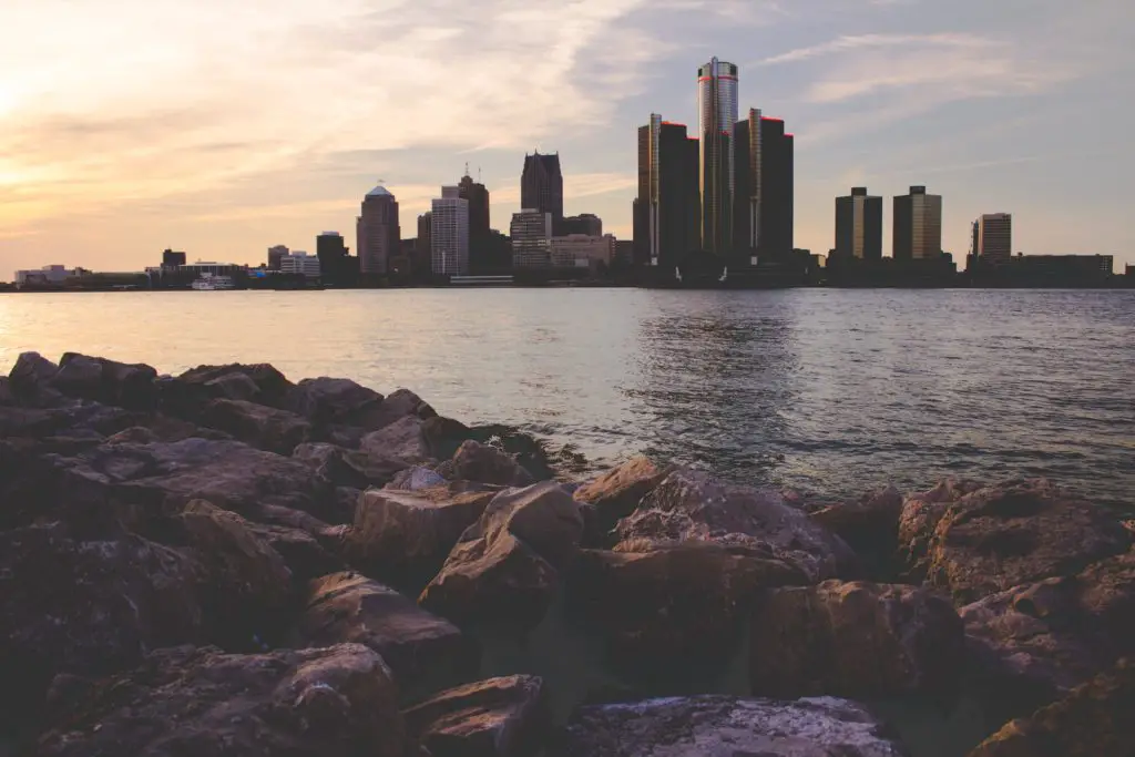 view of Detroit skyline from Belle Isle at sunset
