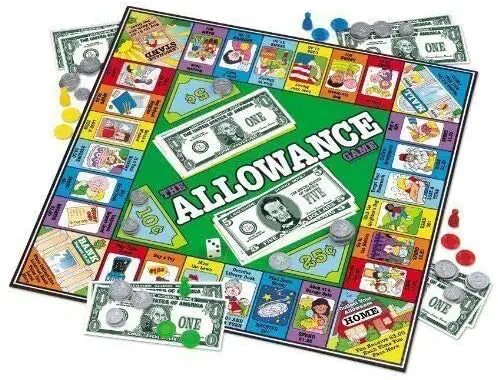 The Allowance Game; overhead view of money board game and pieces