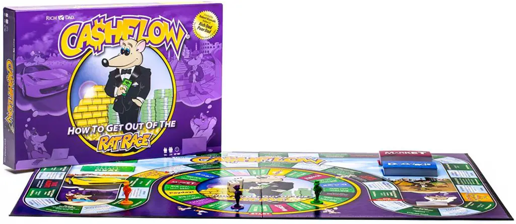 Rich Dad Cashflow; money board game box and game pieces