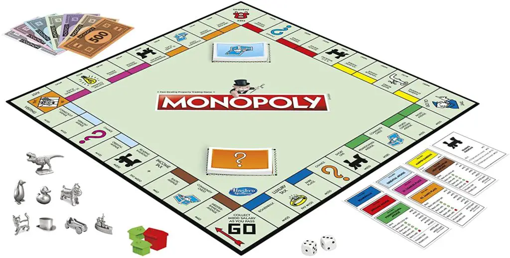 Monopoly; money board game overhead view and pieces