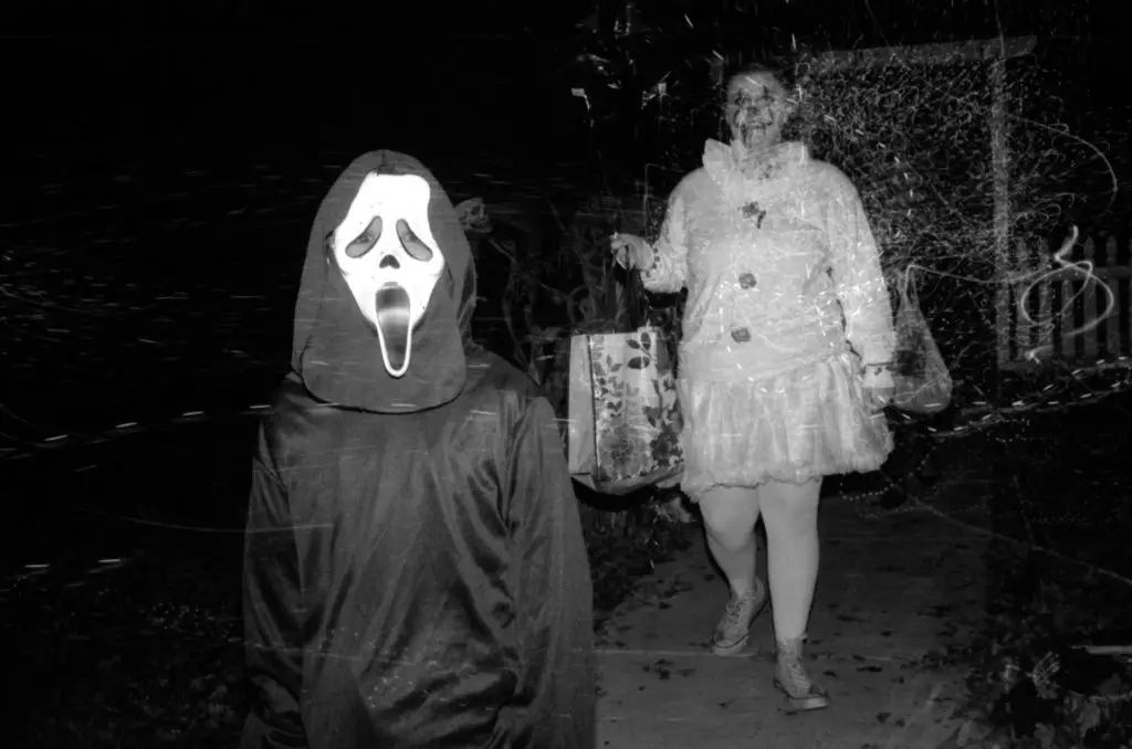 black and white photo of halloween costumes, October hobby of costume prep