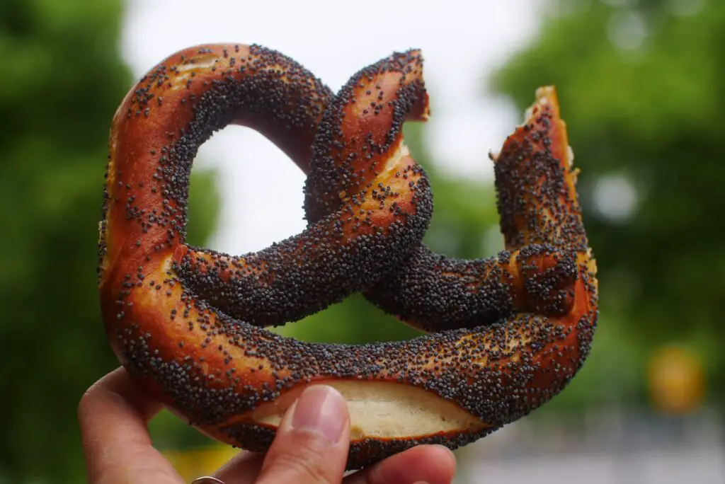 poppyseed pretzel with a bite out of it