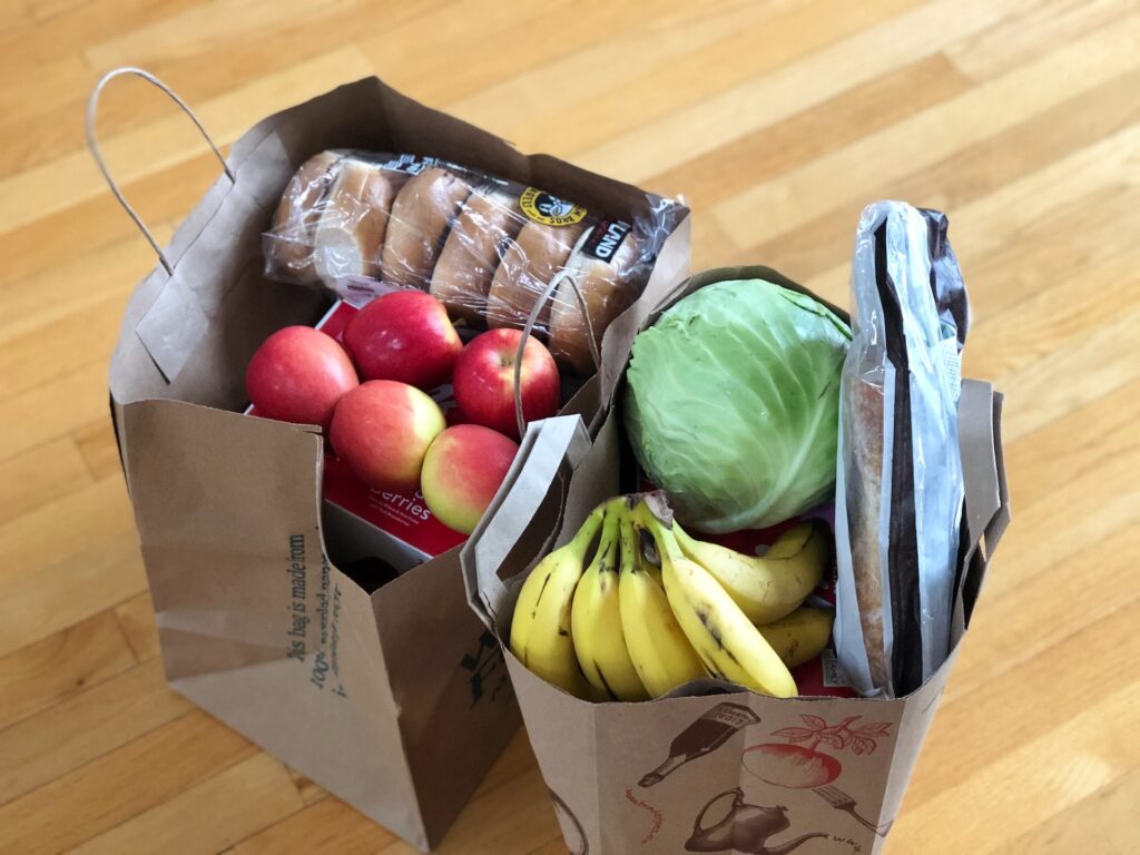 two shopping bags filled with groceries, deliver groceries shopping hobby to make money