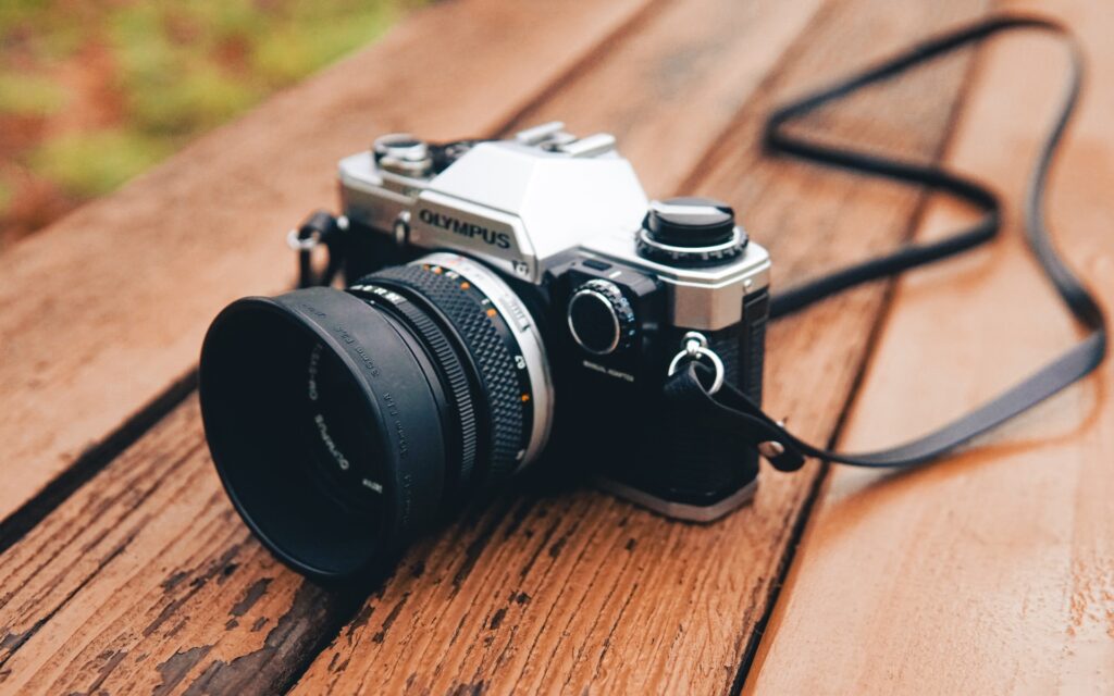 photography, view of camera on picnic table