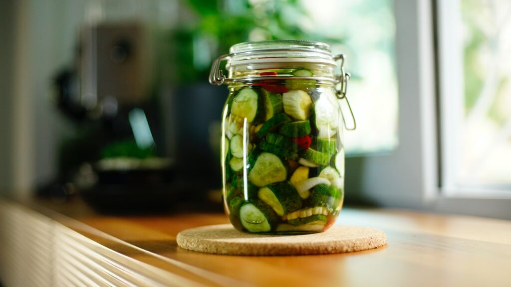 close up view of pickled cucumbers, pickling food hobby