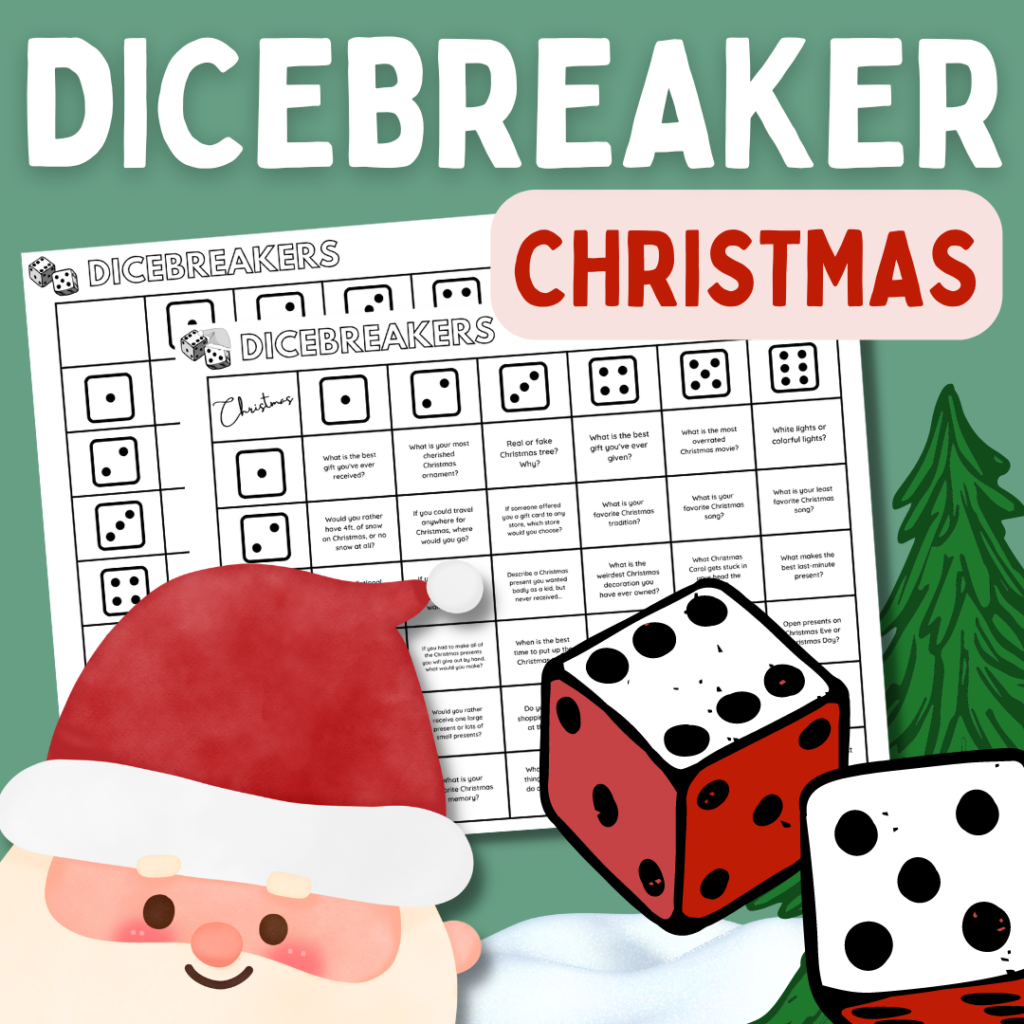 Dicebreaker Christmas Icebreaker Conversation Game Thumb featuring game board, santa graphic and dice graphic