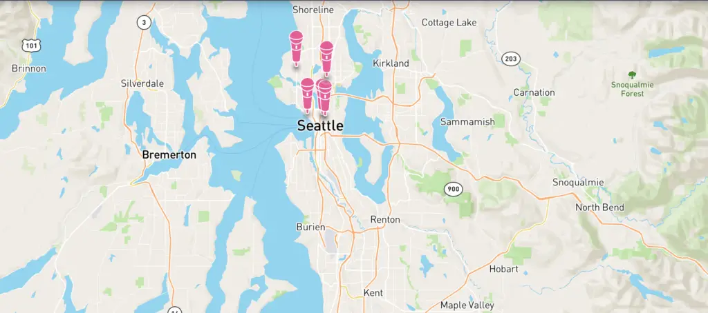 google map view of Seattle with karaoke bars marked