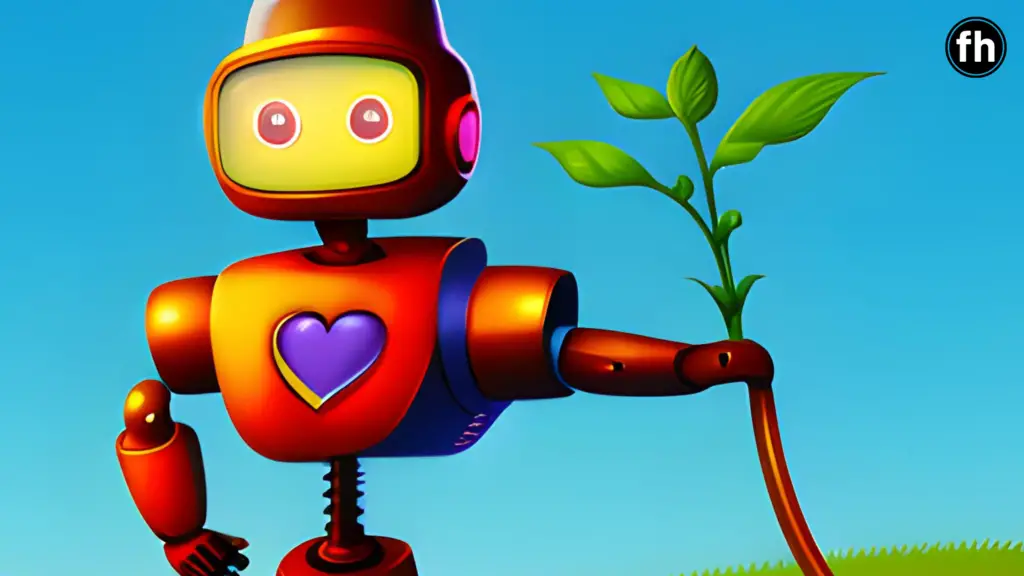 an AI writing tool robot helping with gardening