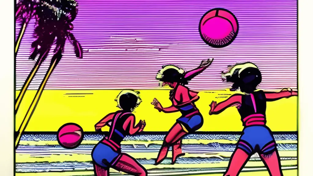 retro graphic of 3 women playing dodgeball on the beach