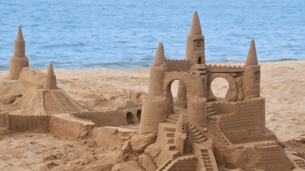 close up of an intricate sand castle; beach hobby and activity 