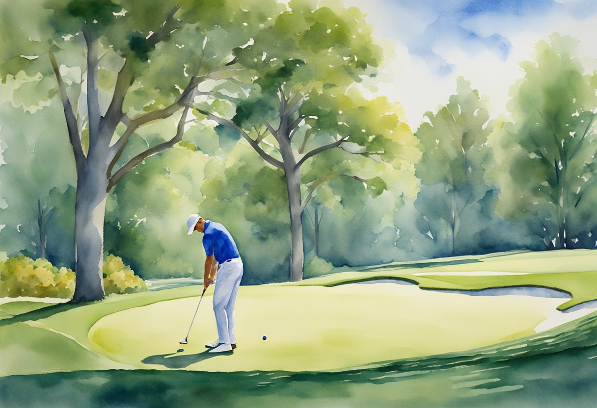 A golfer lines up a shot on the green, with a clear blue sky and lush greenery in the background. The club is poised, ready to strike the ball with precision and skill