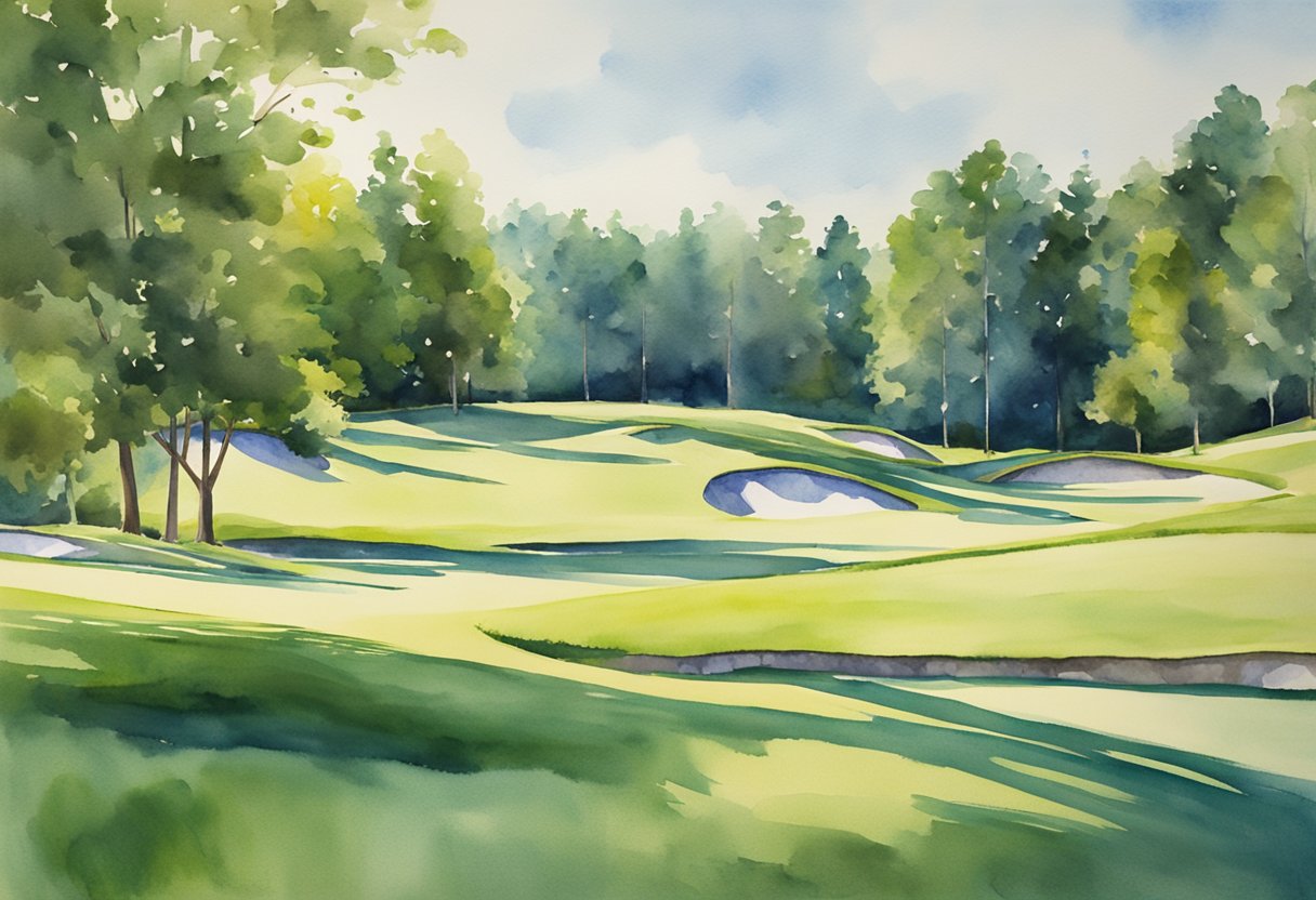A golf club swings back, ready to strike the ball on a lush green fairway, with a clear blue sky overhead