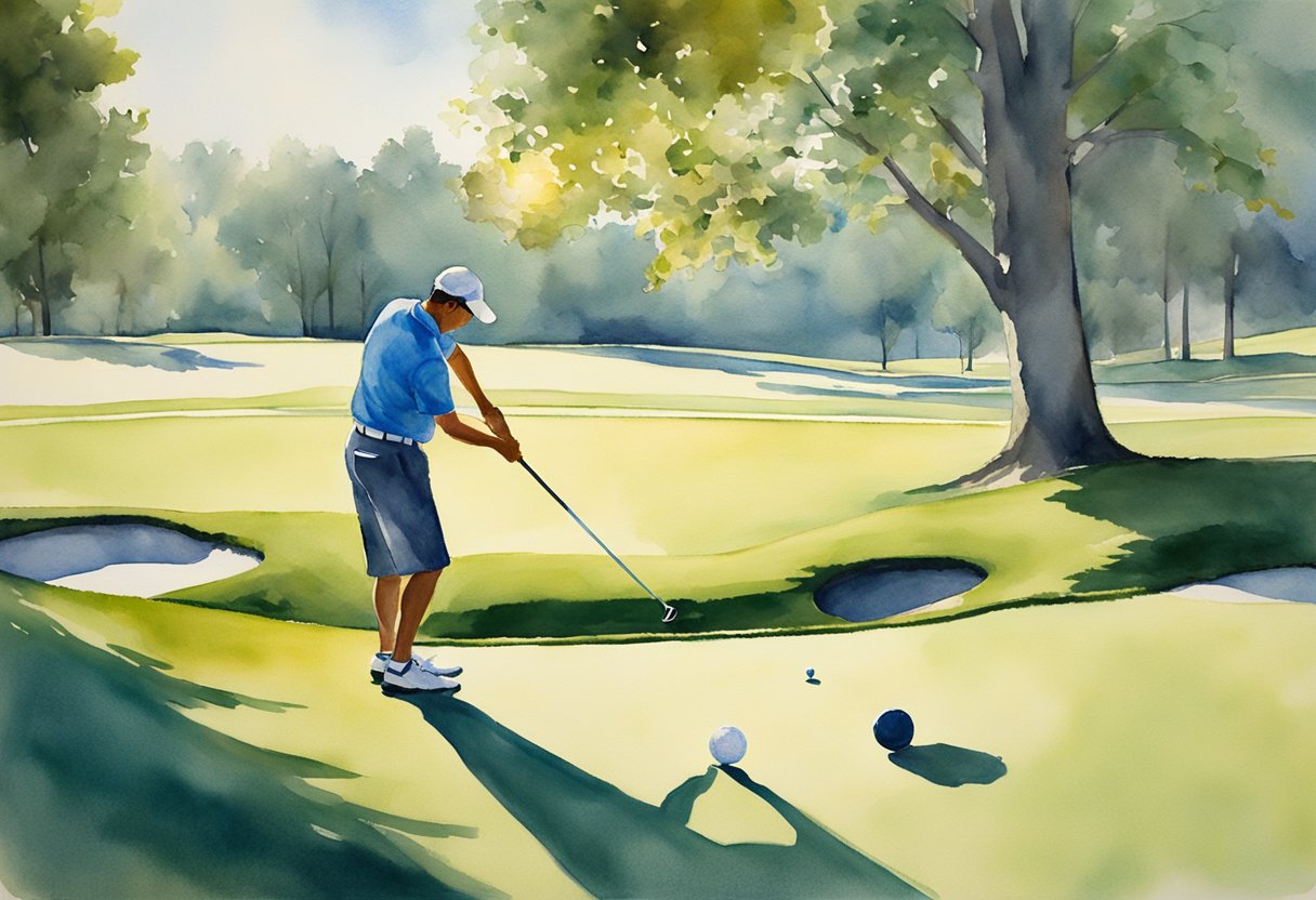 A golfer lines up a shot on the green, with a putter in hand and a ball resting on the grass. The sun casts long shadows across the course, and a gentle breeze ruffles the leaves of nearby trees