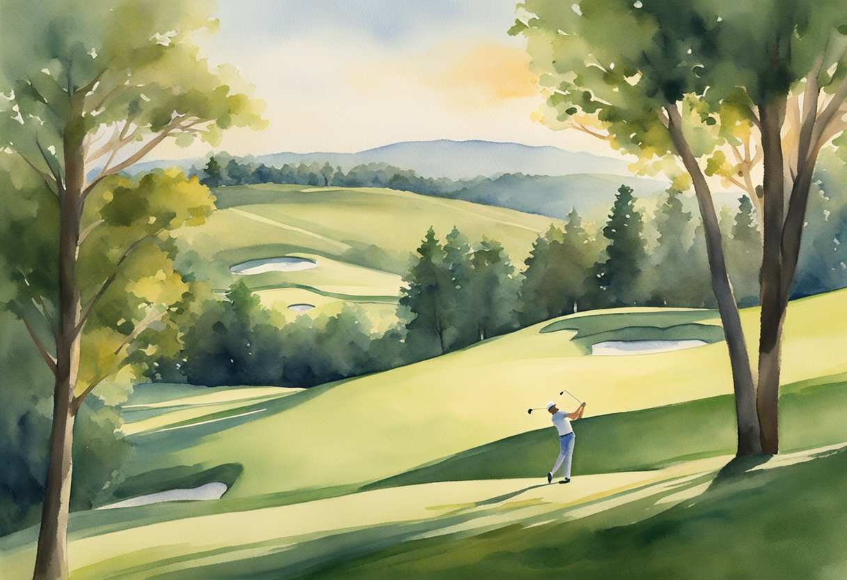 A golfer tees off on a lush green course, surrounded by rolling hills and trees. The sun casts a warm glow on the scene, creating a peaceful and inviting atmosphere for beginners to explore the sport