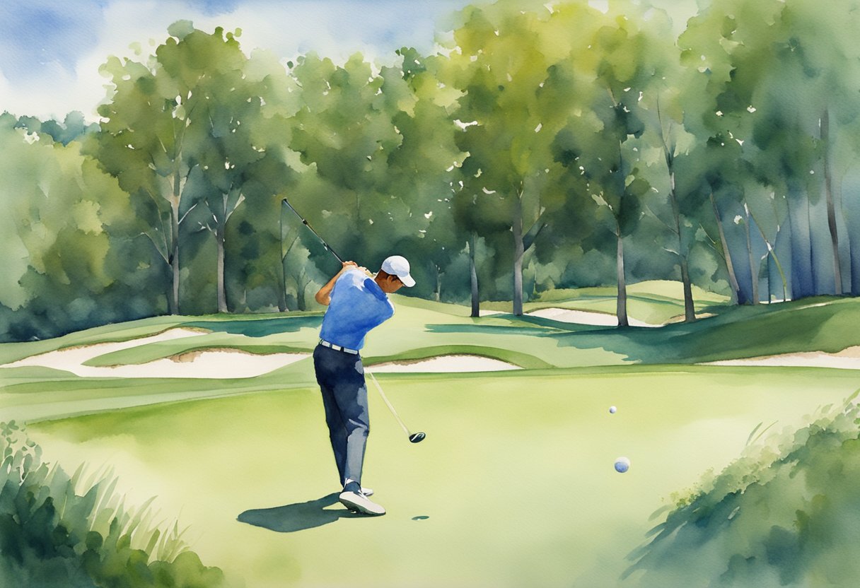 A golfer swings a club, eyes focused on the ball. The lush green fairway stretches out before them, with a clear blue sky overhead. Trees and sand traps line the course, creating a picturesque setting for a day of golfing