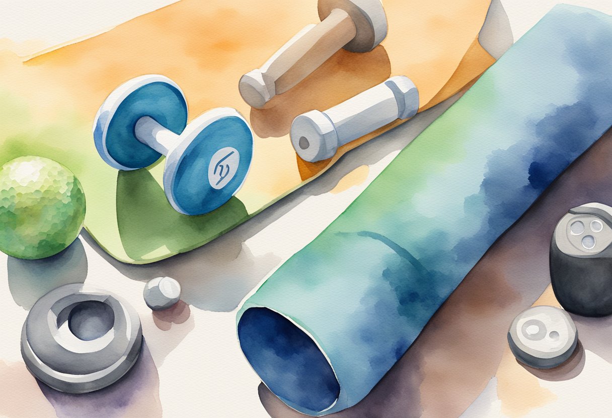 A golf club rests on a yoga mat, surrounded by dumbbells and a water bottle. A fitness tracker and golf ball sit nearby