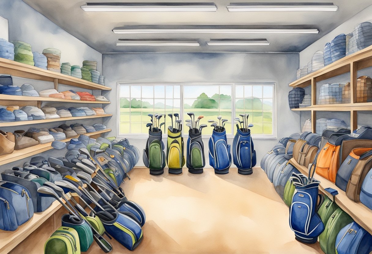 Golf clubs and bags neatly organized in a clean, well-lit storage area. A set of tools and cleaning supplies nearby for equipment maintenance