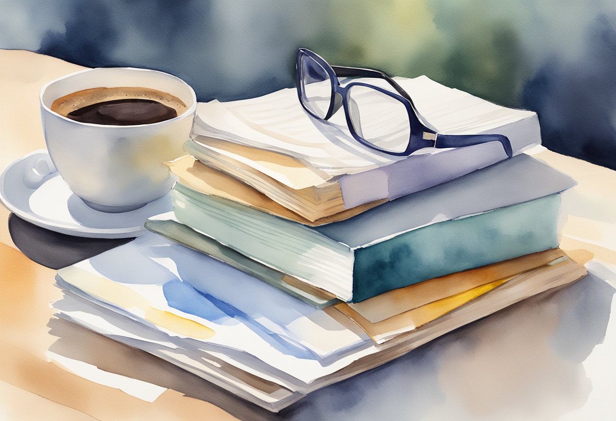 A stack of investment account statements and retirement planning books on a desk with a cup of coffee and a pair of glasses