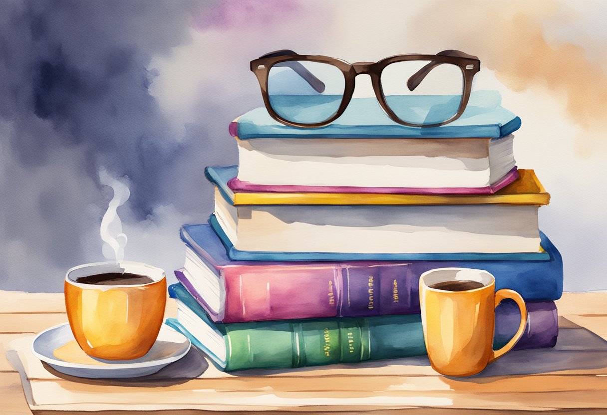 A stack of colorful books with "Frequently Asked Questions Beginner's Guide to Investing as a Hobby" displayed on the cover, surrounded by a cup of coffee and a pair of glasses on a wooden table