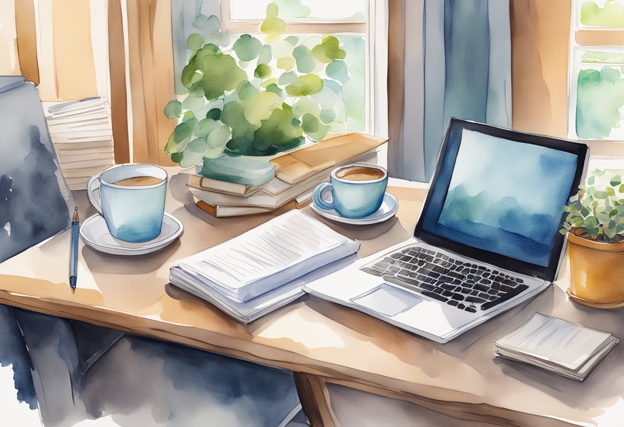 A cozy living room with a bookshelf filled with investment guides, a laptop open to a stock market website, and a desk with pen and paper for note-taking. A cup of coffee sits on the table