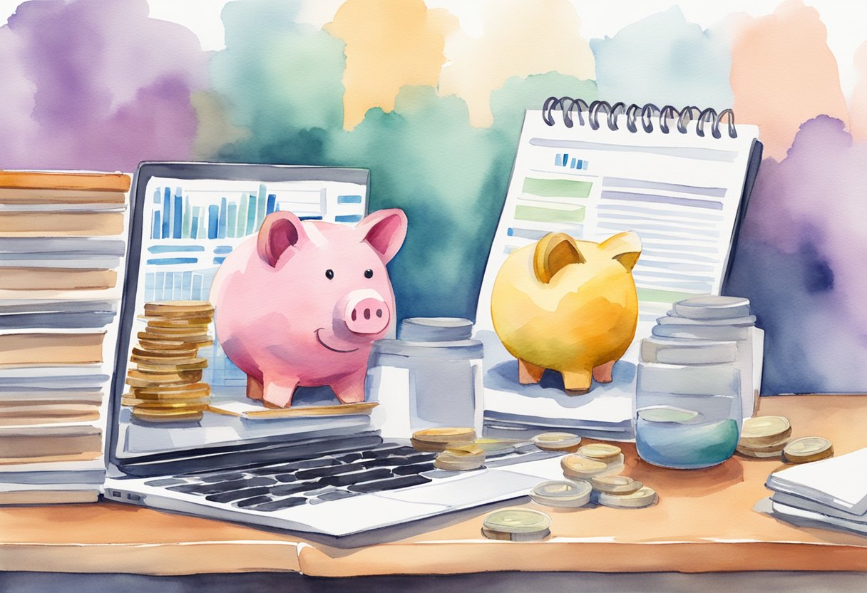 A stack of financial books surrounded by piggy banks, stock charts, and a laptop displaying investment portfolios. An open notebook with investment tips and a calculator sit on the table