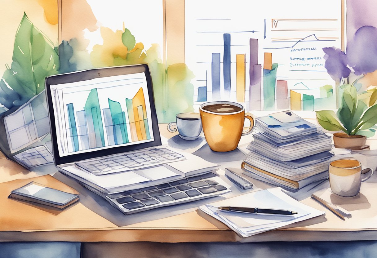 A stack of financial books surrounded by charts, graphs, and a laptop displaying investment portfolios. A cup of coffee and a notepad with investment notes sit on the desk