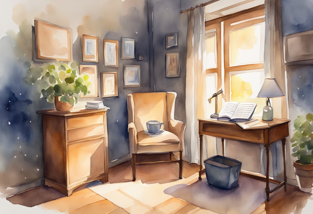 A cozy room with a music stand, a notebook, and a pen. A warm light illuminates the space, creating a calm and inviting atmosphere for practicing singing