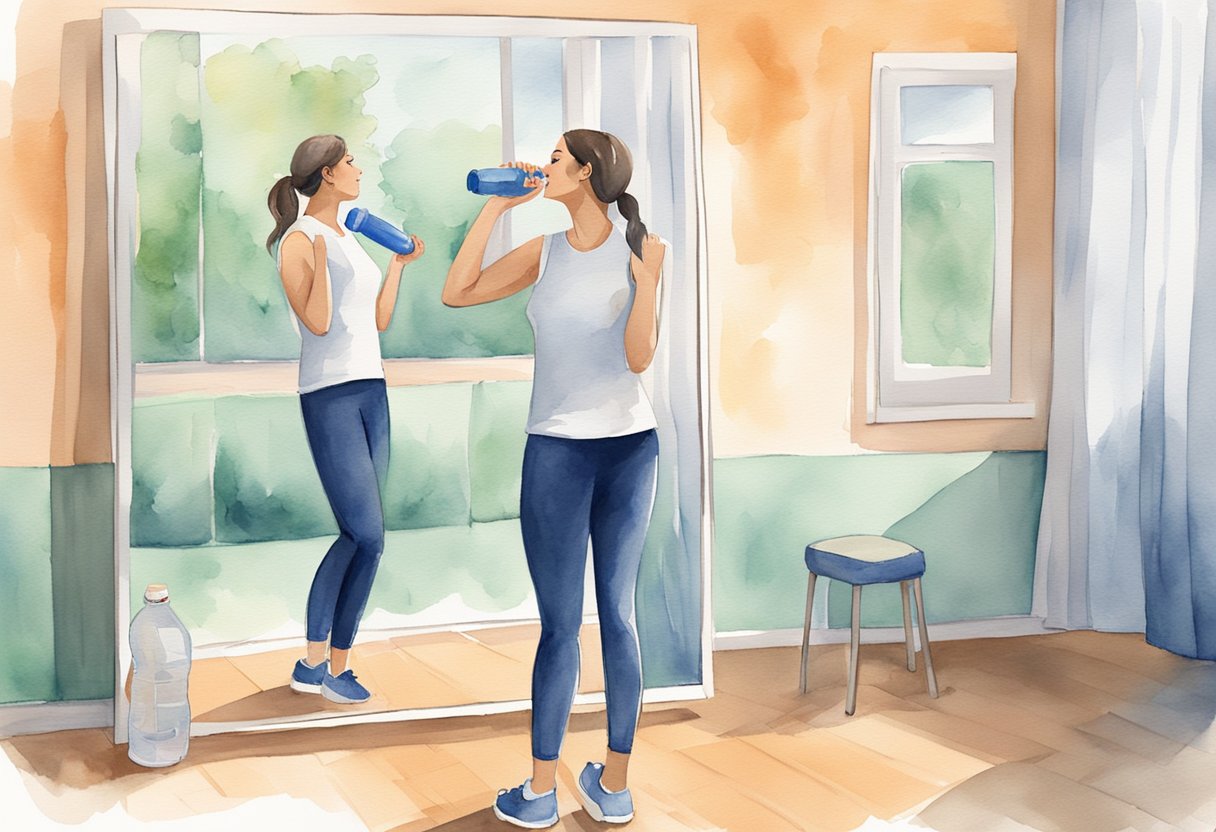 A singer stands in front of a mirror, holding a water bottle and vocal warm-up exercises. A healthy diet and exercise poster is on the wall