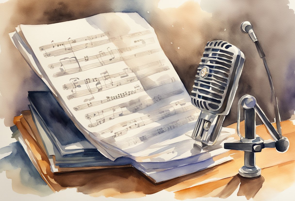 A microphone stands on a desk next to a notebook and pencil. A music stand holds sheet music with a spotlight shining on it