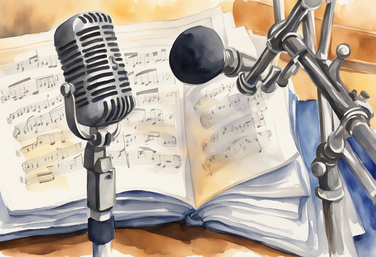 A microphone stands on a music stand with sheet music. A book titled "Expanding Your Singing Capabilities Beginner's Guide to Singing as a Hobby" sits next to it