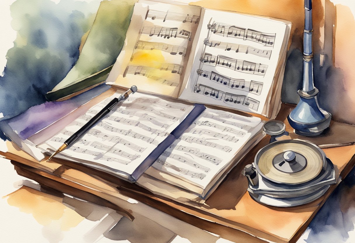 A book open on a music stand, surrounded by sheet music, a metronome, and a vocal warm-up CD. A pen and notebook sit nearby for taking notes